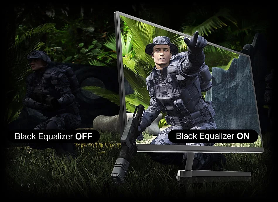 one image splited into two, showing different effect between black equalizer off and on