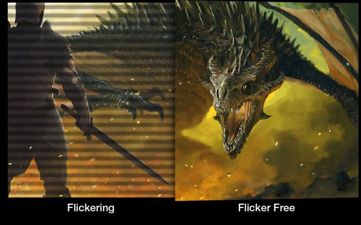one image splited into two, showing different effect between flicker with and without