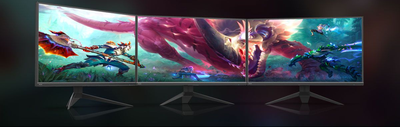 three monitors stands side-by-side, crossing a game image as screen