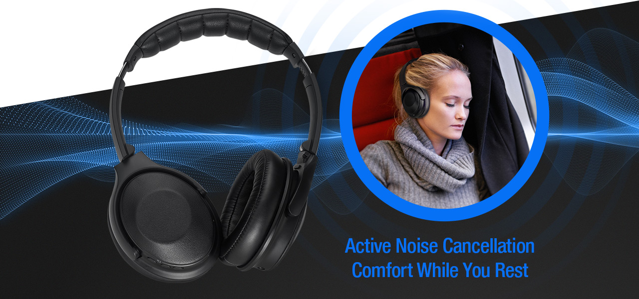 detail of H9000 ANC Wireless Bluetooth Headphones on the left and on the right is a woman who is enjoying the Headphones while resting