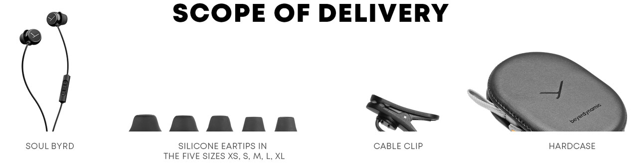 Beyerdynamic Soul Byrd Headset, Five Sizes of Silicone eartips, cable clip and hardcase