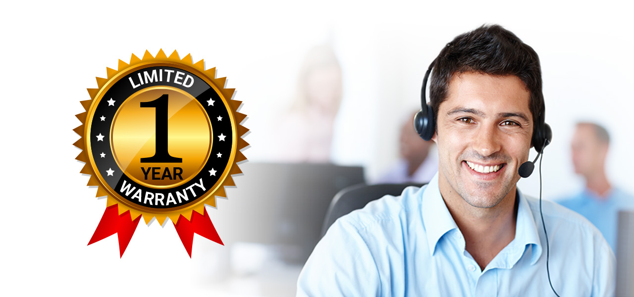 1-Year Limited Warranty Badge next to male customer-service technician smiling forward with his headset on.