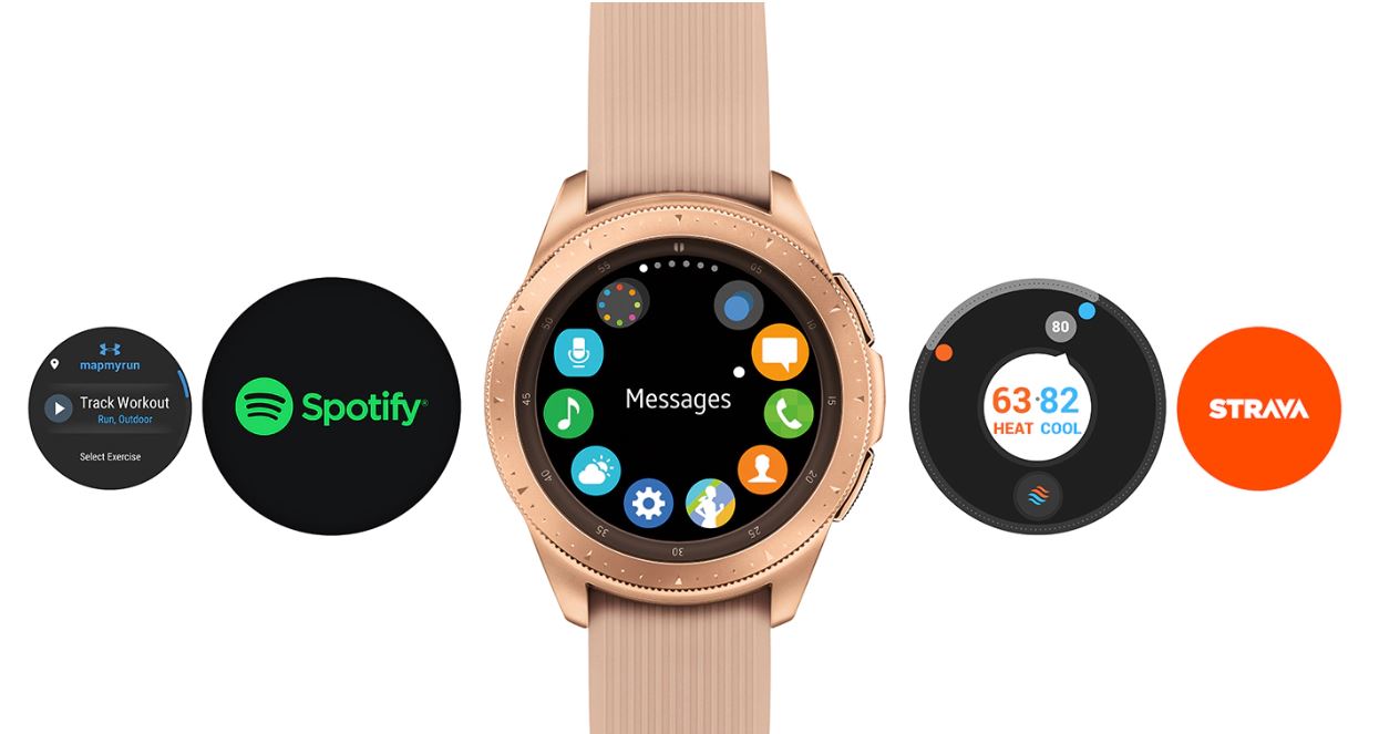Five watch interfaces with one showing workout data, one showing Spotify, one showing home page with various apps, one showing heat and cool status, and one showing Strava