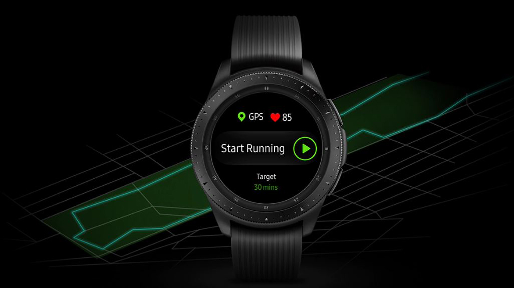 A watch with an interface showing running on its dial and a route in the background.