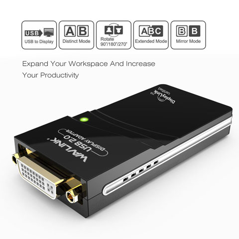 Top angle view of this adapter, with DVI port facing towards the screen. List above it are supported display modes including Extend, and Mirror