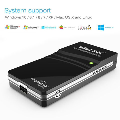Top right side angle view of this adapter, with USB port facing towards the screen. Listed above it are icons of Windows, Linux and Mac, indicating compatibility of the adapter