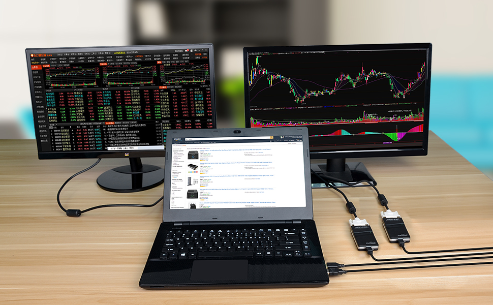 A laptop in front of two monitors connected to it via two Wavlink USB graphics adapters