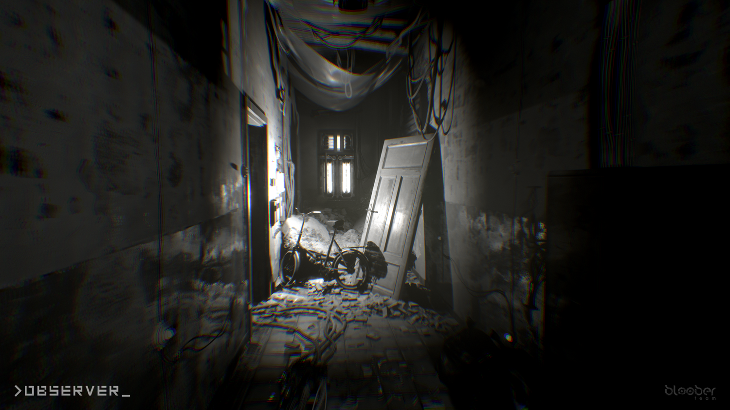 >observer_ screenshot showing a ruined hallways with a removed door and bicycle