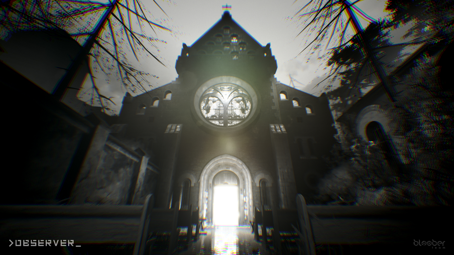 observer_ screenshot showing a mysterious cathedral
