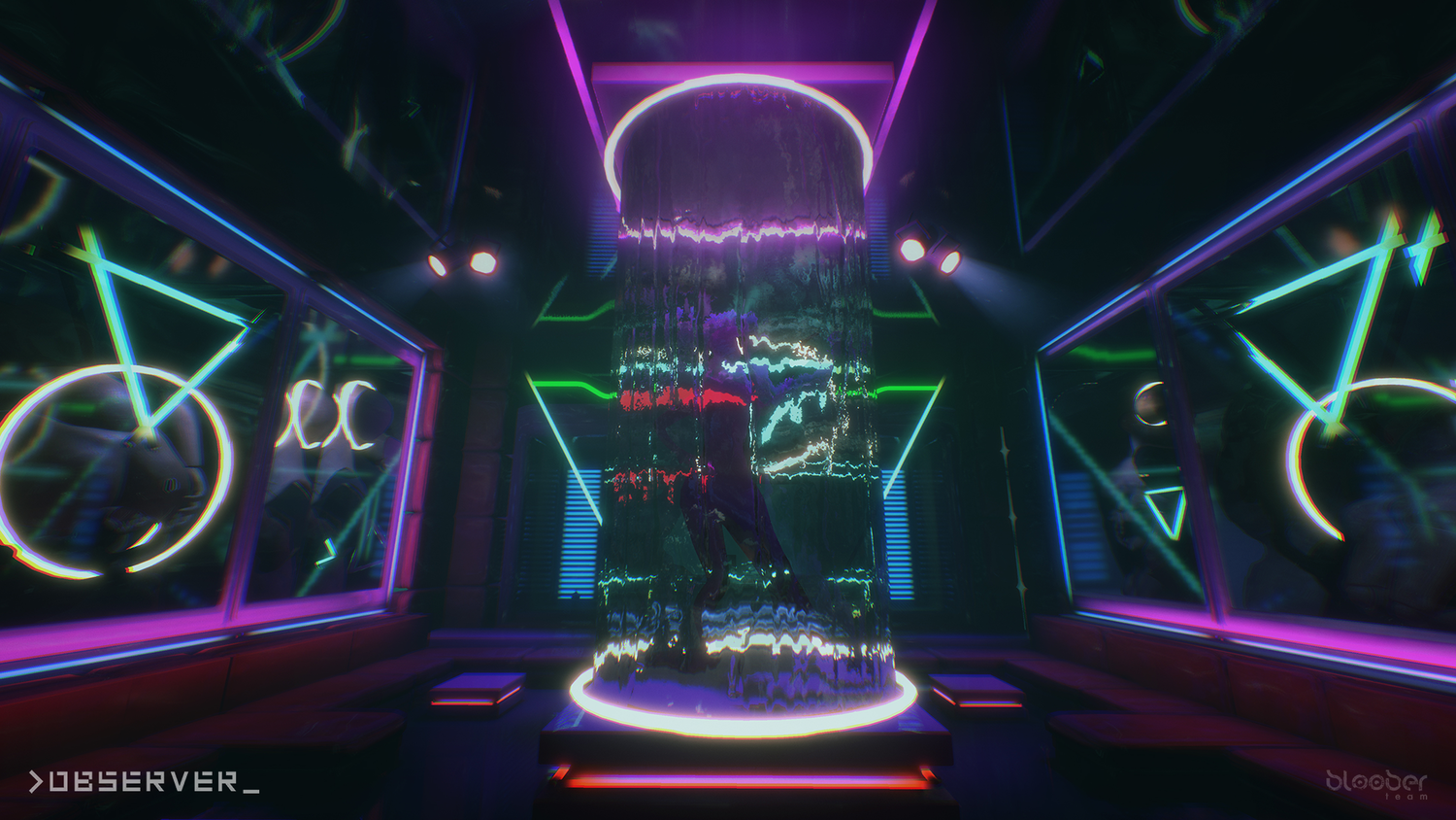 observer_ screenshot showing a techno color foyer