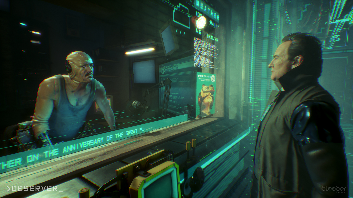 observer_ screenshot showing a cyborg and man speaking through vidcom