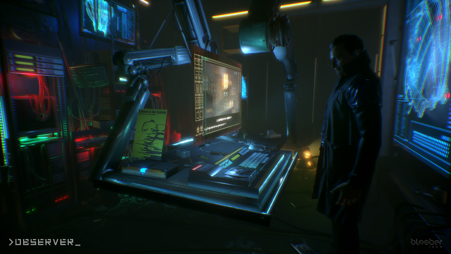 observer_ screenshot showing a detective analyzing a computer station