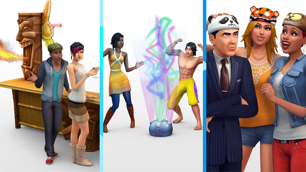 At the left is a male talking to a fashioned female. At the center are a male and a female dancing around a device creating gorgeous lighting show. At the right are three character wearing funny animal hats