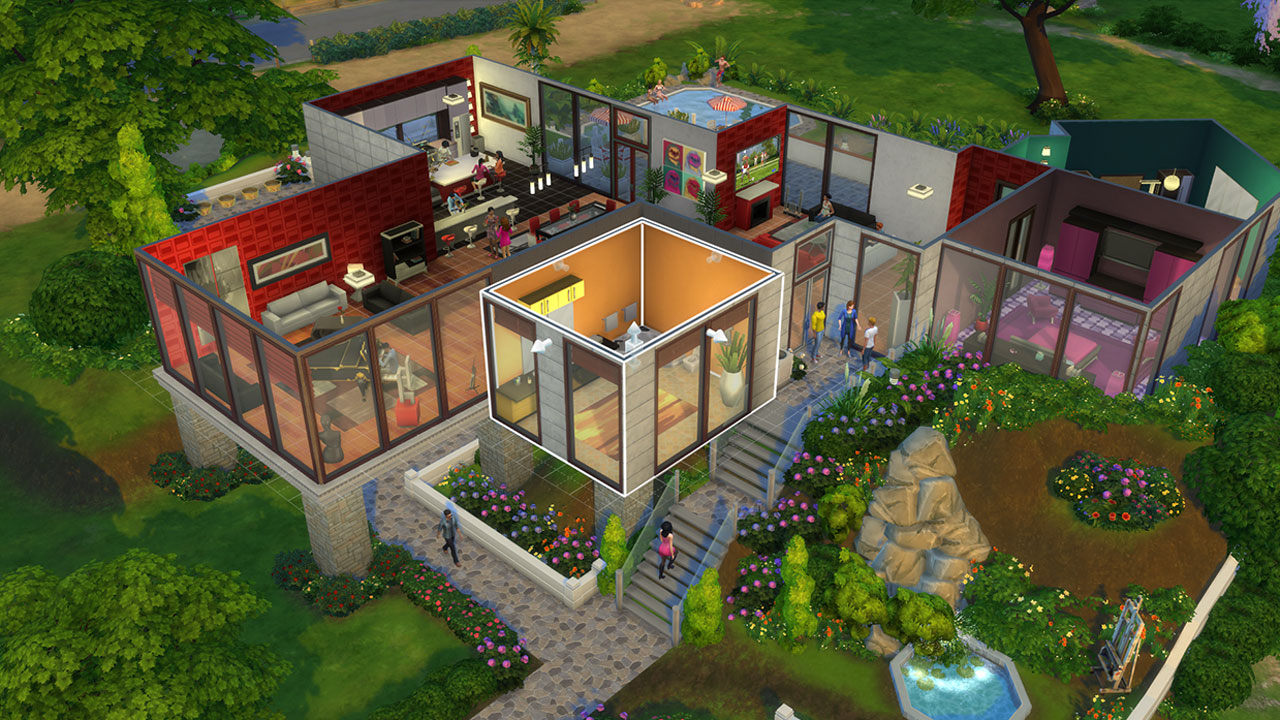 overlook of a large, luxurious house with a number of people in and around it chatting or walking