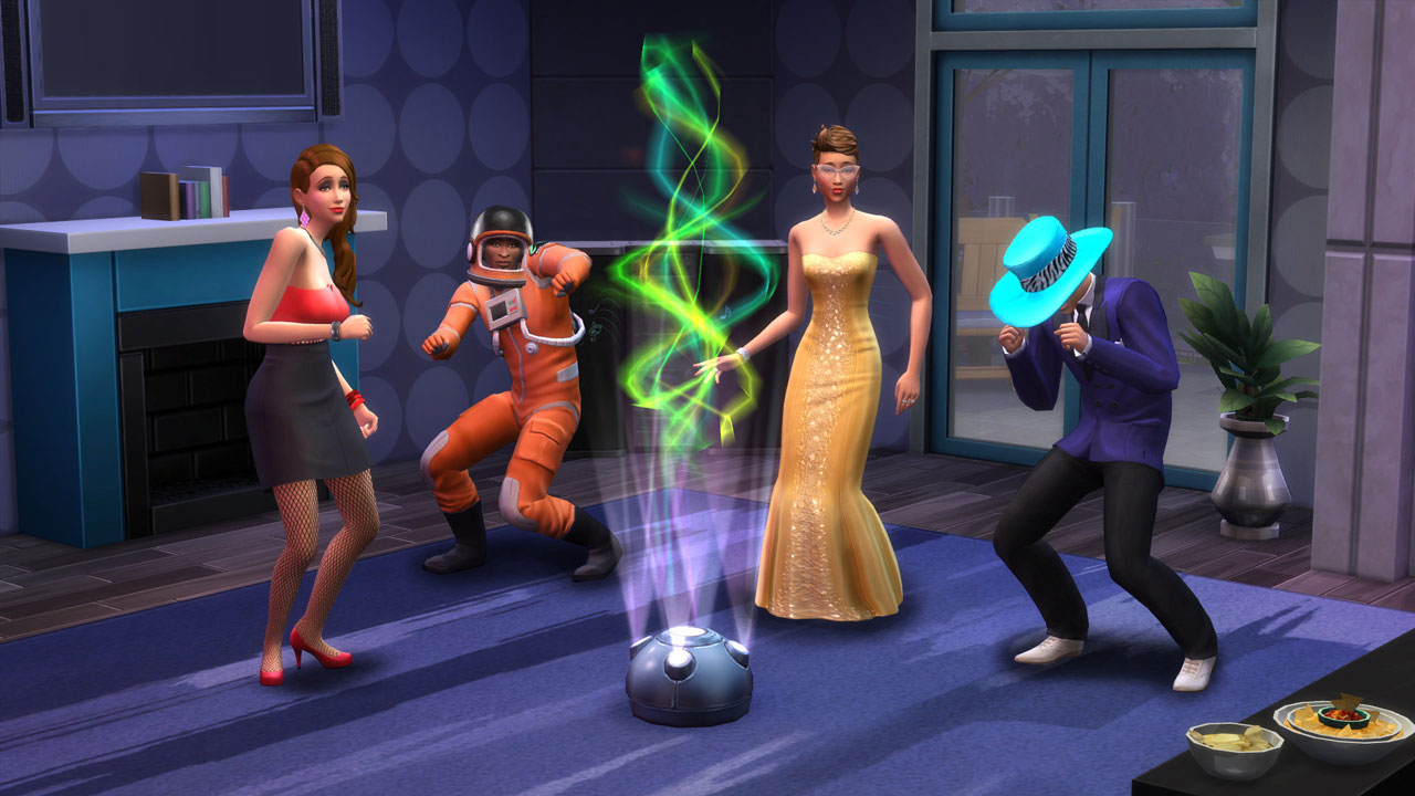 four characters dancing around a lighting show device