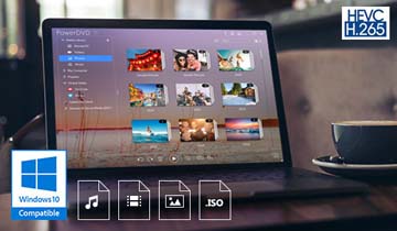Open Laptop with a photos app open, and icons for Windows 10 Compatible, Music, Movies, Photos and .ISO