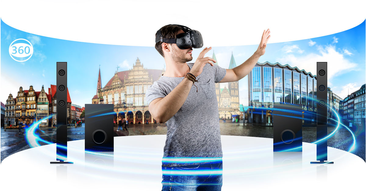 A man wearing a VR headset within devices that help produce 360° VR Video with Spatial Audio