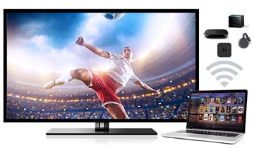 TV Showing a Soccer Player Getting Ready to Kick a Ball, Next to the TV Is an Open Laptop with a Wireless Signal and Various WiFi-compatible electronics above