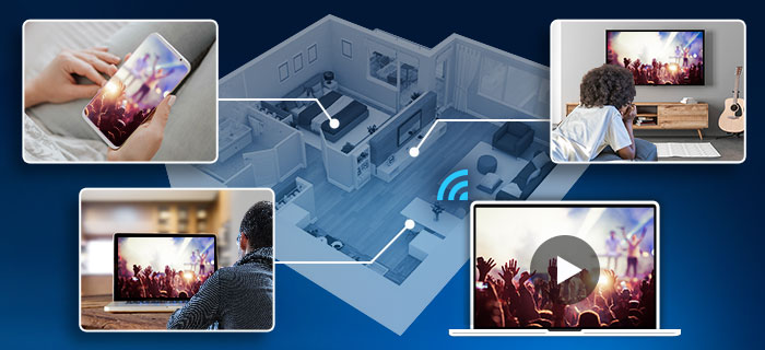 Four people in different locations of the home to enjoy the same content
