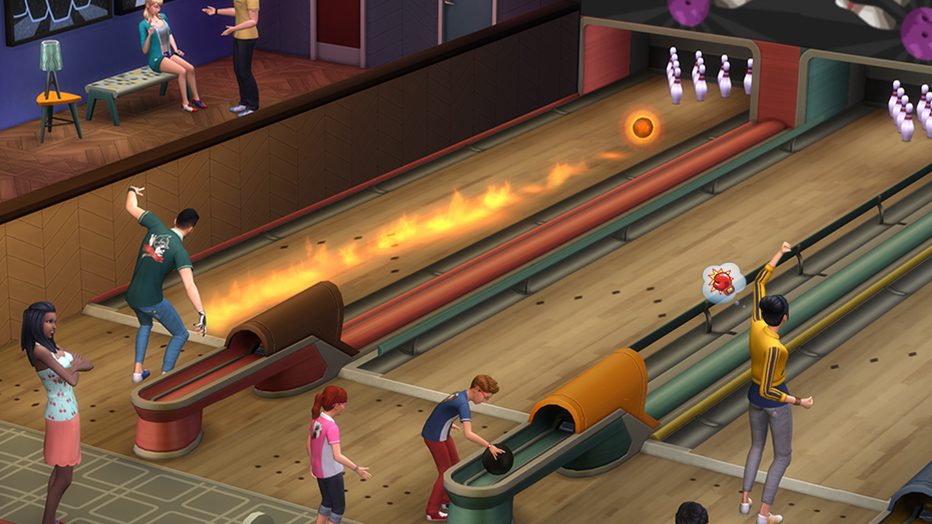 Sims 4 Screenshot Overhead Angle of Sims Bowling in Three Different Lanes