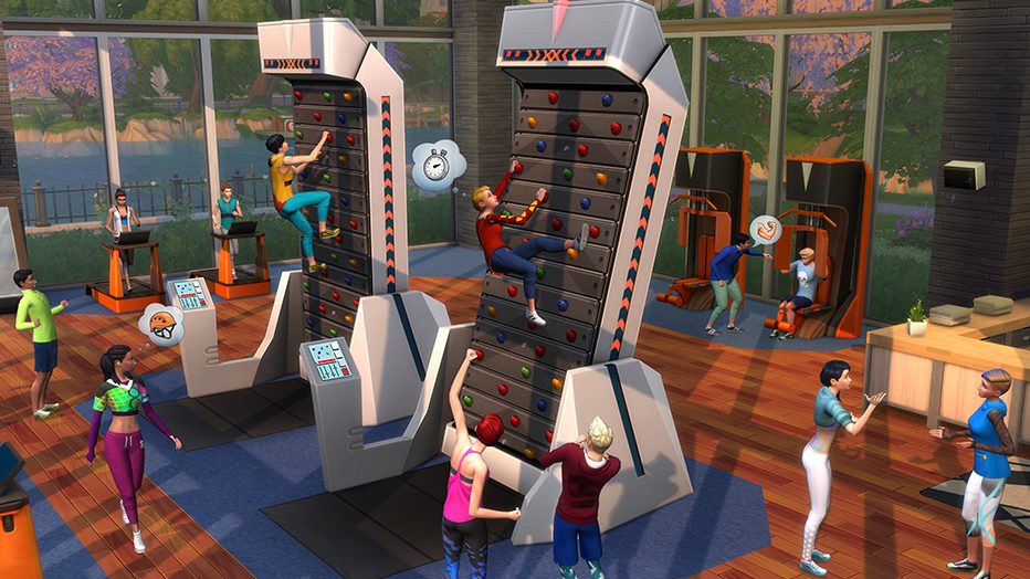Sims 4 Screenshot Showing Sims at a Gym with a Rotator Weights and a Mechanical Rock Climbing Wall