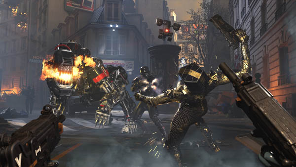 Wolfenstein: Youngblood Screenshot Showing 1st Person Shooter Combat Outdoors with Nazi Soldiers and Machinations