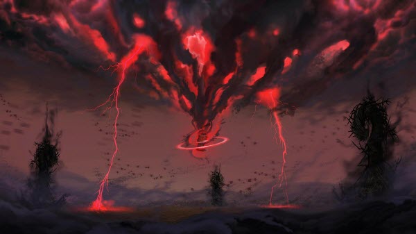 a blood-colored storm hitting the ground