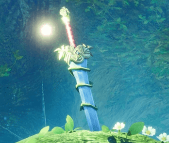 a sword sticking in the green field