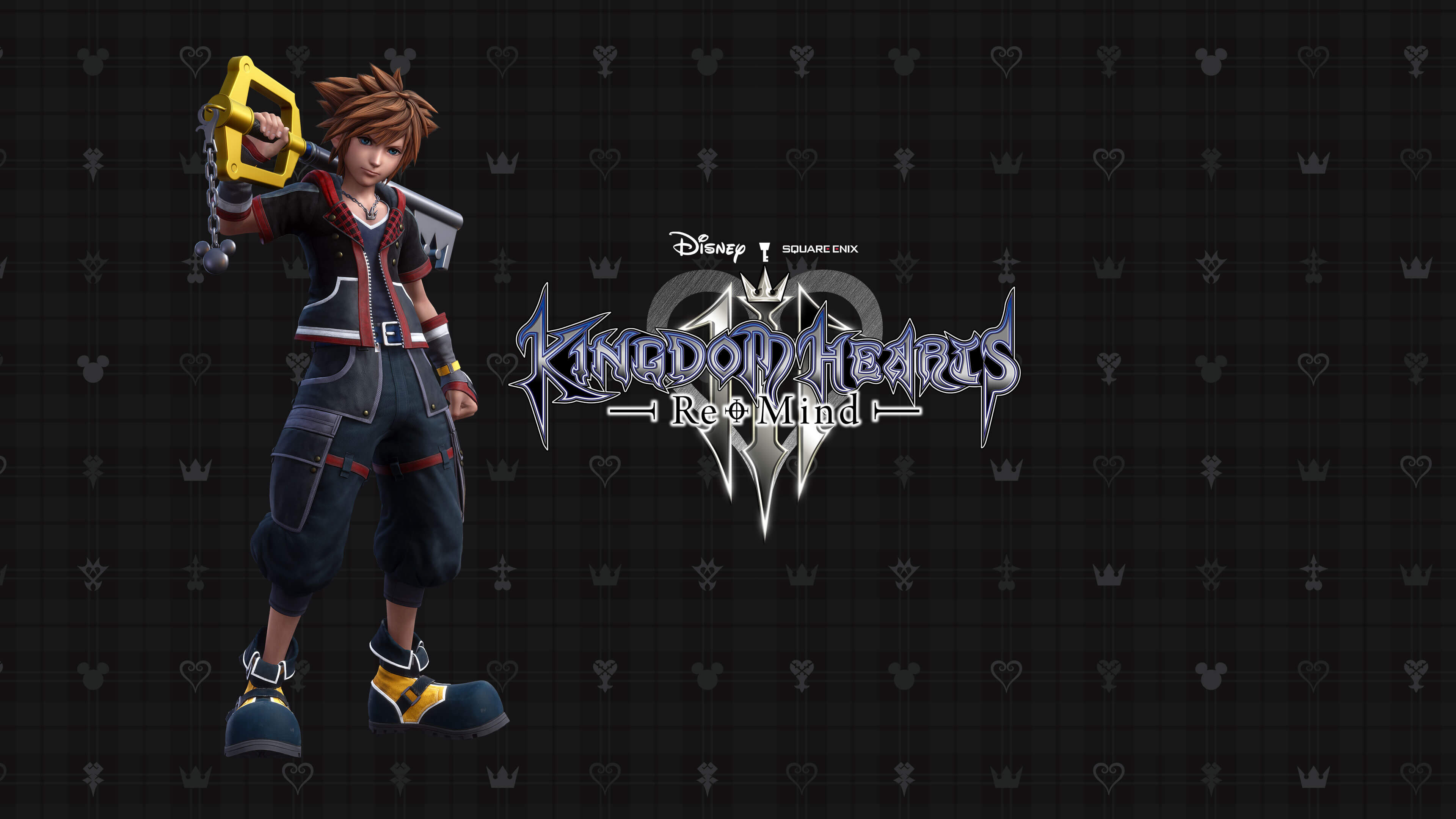 main banner for KINGDOM HEARTS III Re Mind showing a boy character carrying a large key on his shoulder
