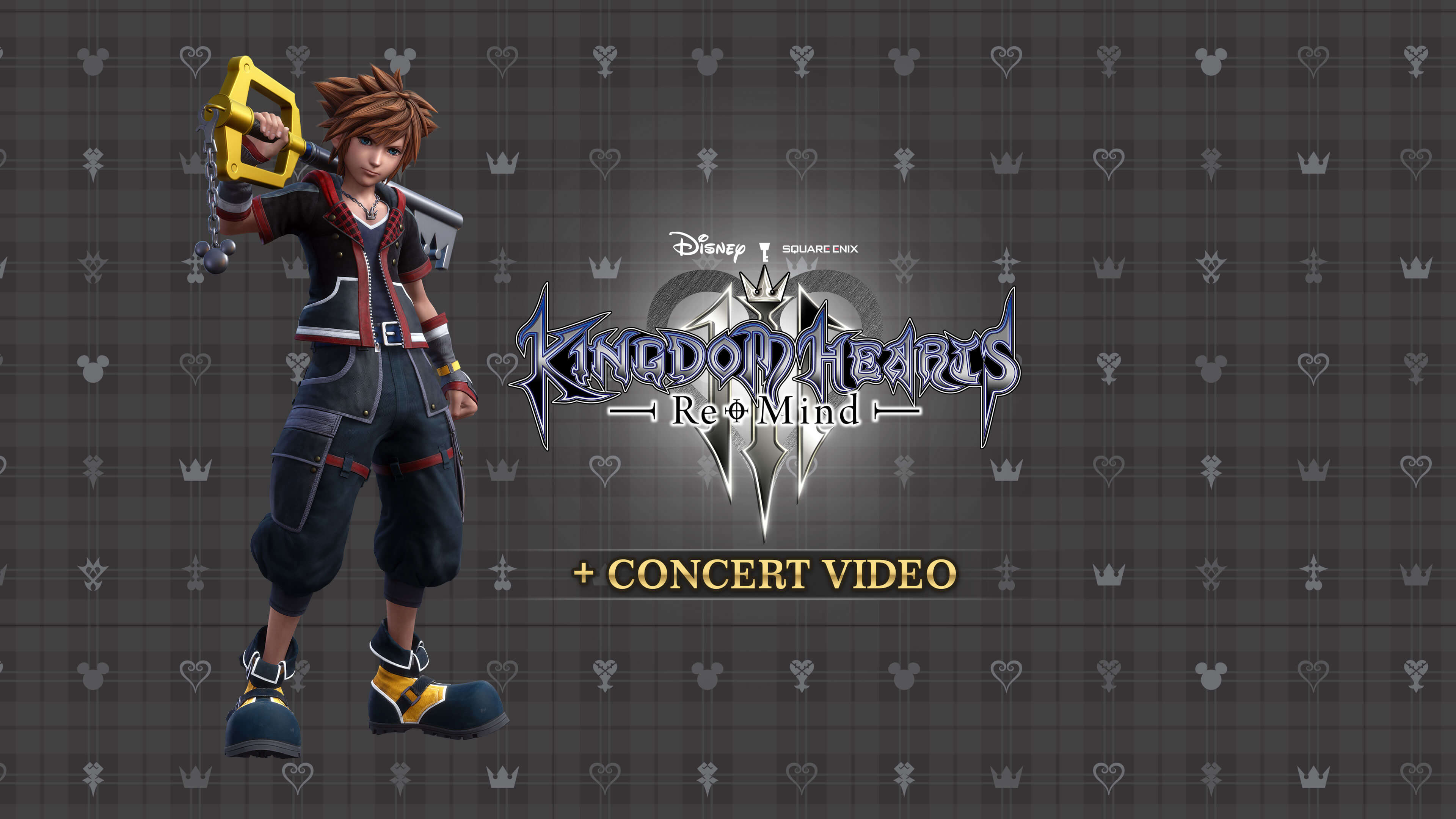 main banner for KINGDOM HEARTS III Re Mind showing a boy character carrying a large key on his shoulder