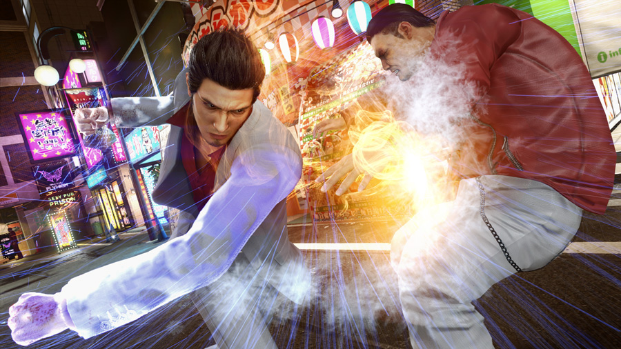 Yakuza 2 Screenshot Showing the Main Character Dragon Punching an Enemy on a Neon-lit city street