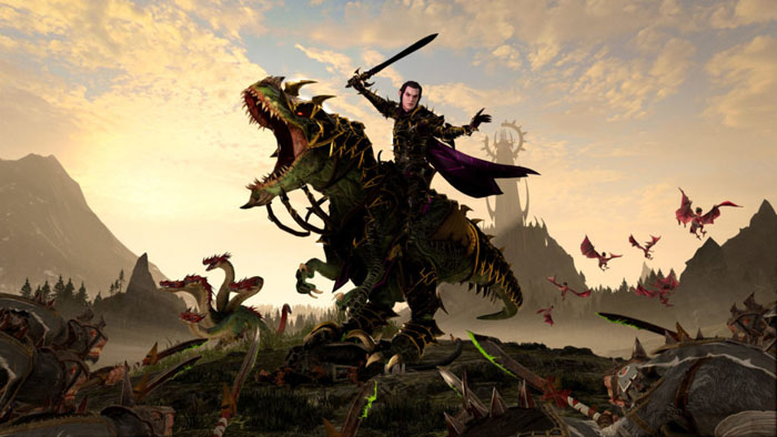 Malus Darkblade is wielding a sword on the back of a monster which is roaring with mouth big. In front of Malus Darkblade are all kinds of weapons pointing at him.