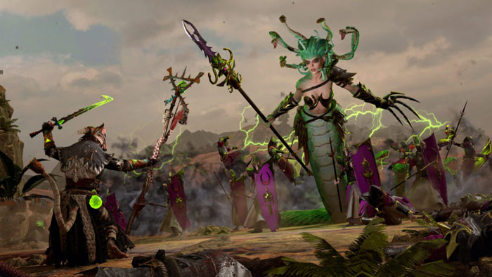 A man is standing high and surrounded by enemies on a battlefield with spear in the right hand, claws on his left hand, and five snake heads on his head.