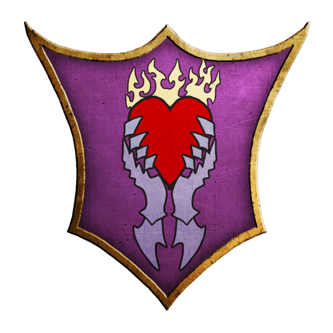 A badge shows two hands holding a red heart in fire against purple background.