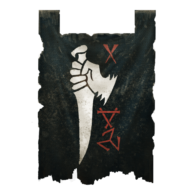 A flag with jagging edges and two top loops shows a hand holding a dagger facing downward and red symbols next to it.