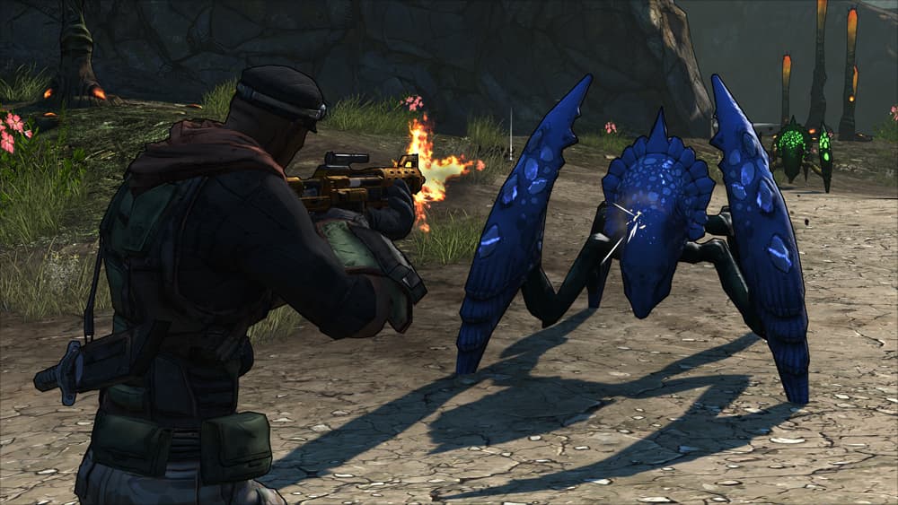 Borderlands Game of the Year Edition Screenshot Showing a Player Facing off Against a Crab-like Blue Alien