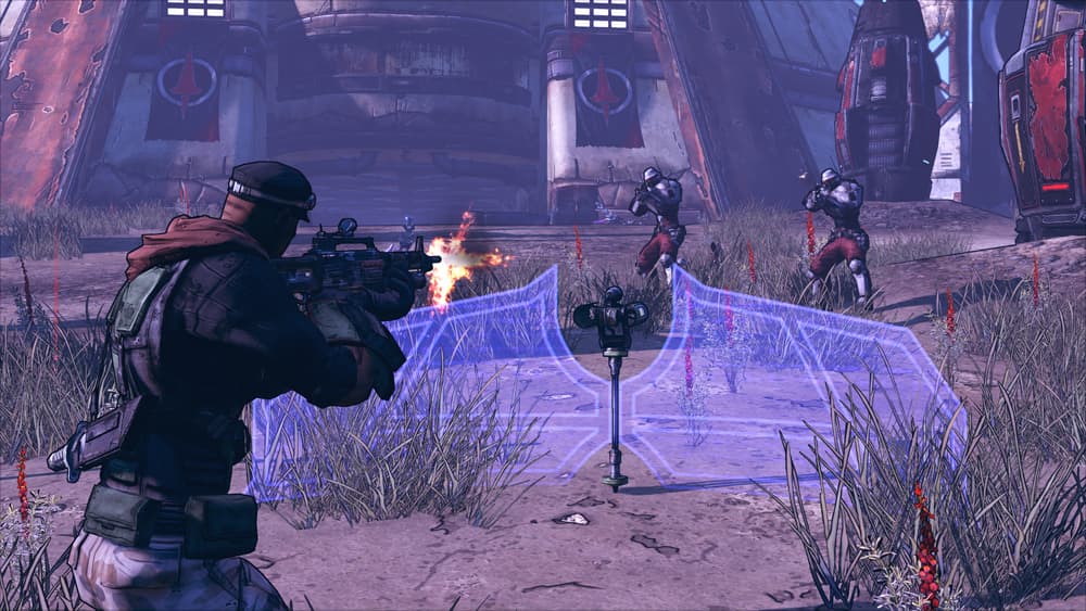Borderlands Game of the Year Edition Screenshot Showing a Player Approaching an Energy Cover Shield and Two Enemies