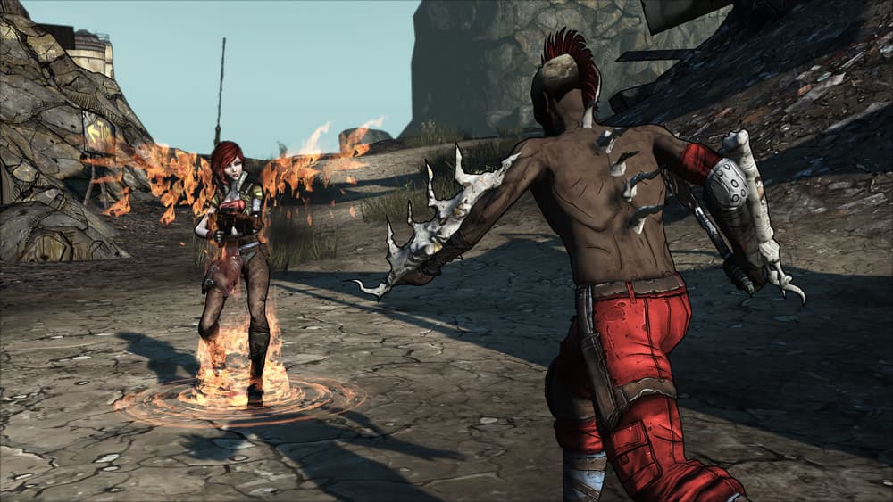 Borderlands Game of the Year Edition Screenshot Showing an Enemy Going Towards a Female Player Who Has Flame Wings Protruding from her back