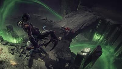 Artwork Showing a Warrior Standing Over a Bridged Precipice Above a Green-Aura Abyss