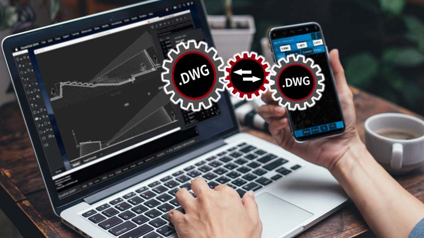A laptop on a desk and a mobile phone in a hand, with .DWG icons floating above laptop screen and phone screen