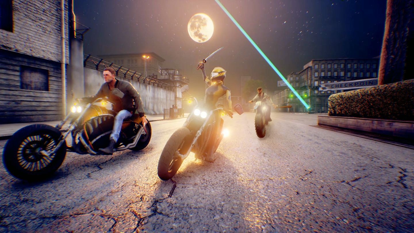Road Rage Screenshot Showing Bikers, One with a Samurai Sword Up, on a City Street at Night