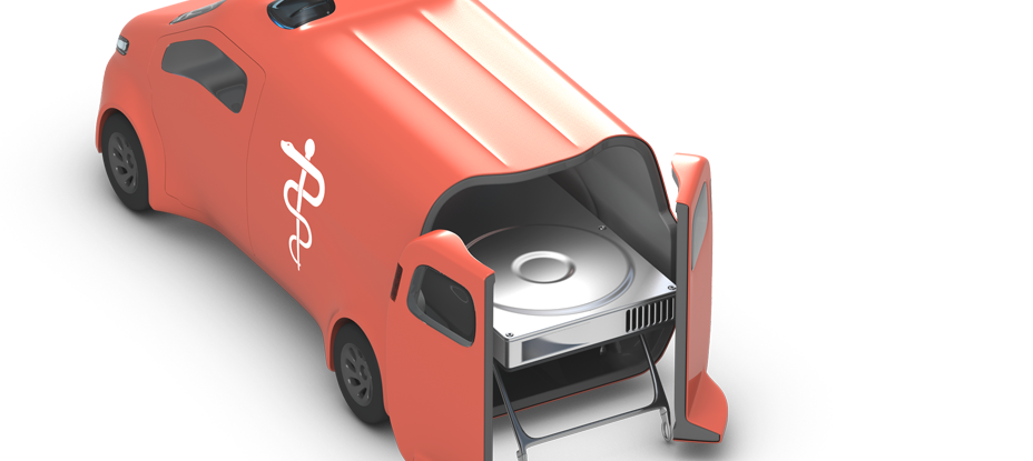 A clipart depicting vehicle resembling an ambulance with rear door opened, exposing an hard disk in the trunk