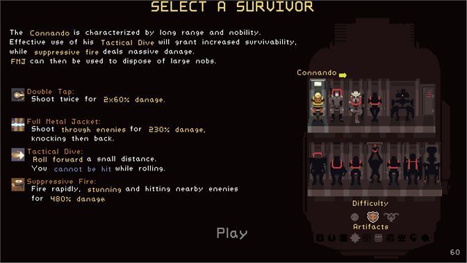 screen shot for Risk of Rain showing survivor select menu