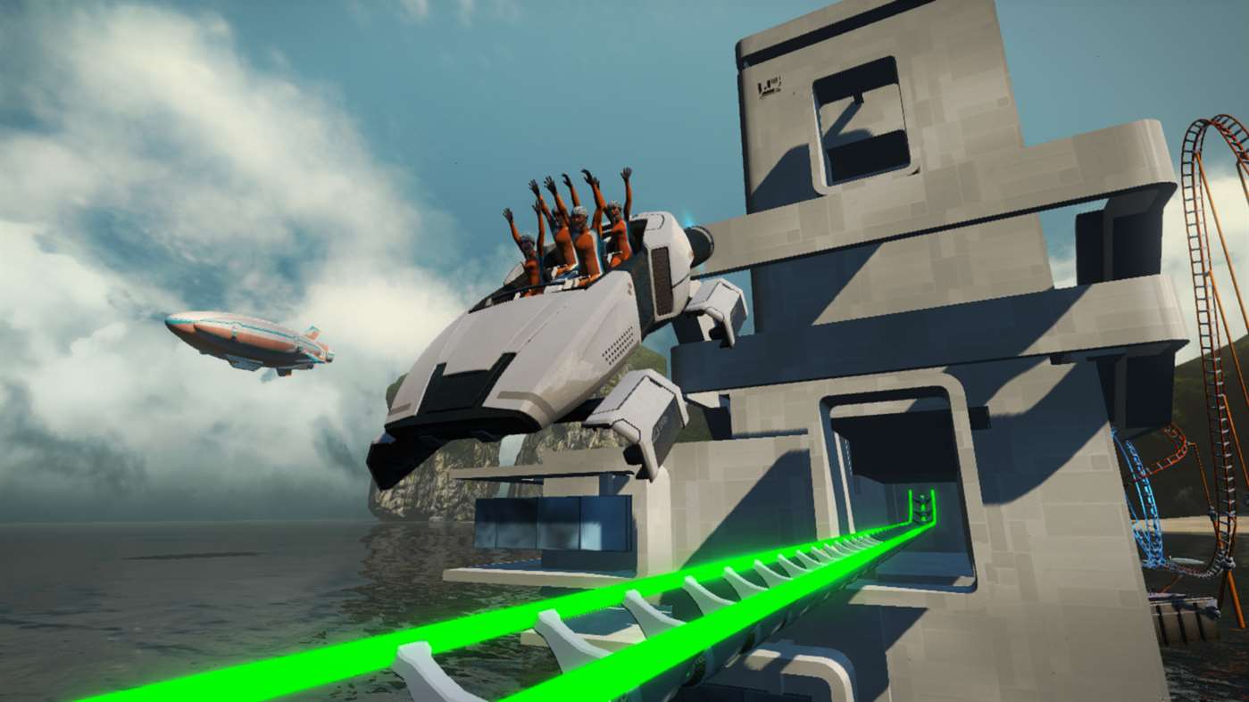 ScreamRide Screenshot Showing a Green-Lit Track and Test Riders with Their Hands Up Flying Above It