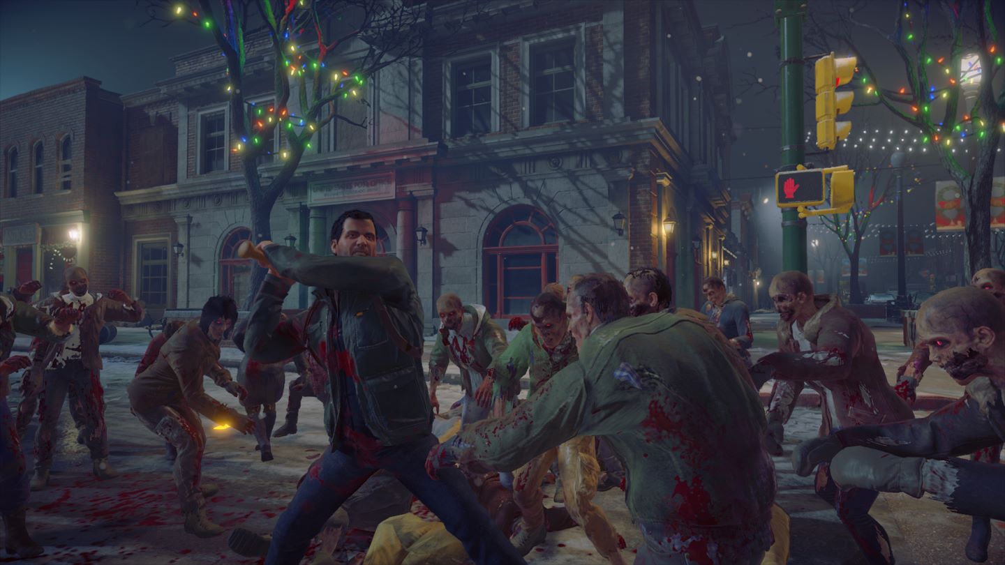 Dead Rising 4 Screenshot Showing the Main Character on a Christmas-Decorated Street, Attacking the Mob of Zombies Around Him with a Baseball Bat