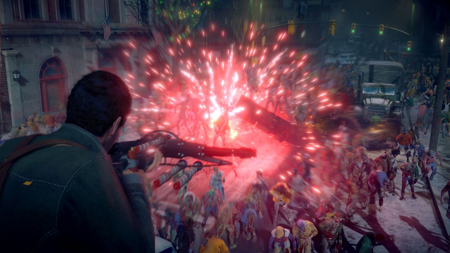 Dead Rising 4 Screenshot Showing the main character shooting a firework crossbow into a crowd of zombies on a city street