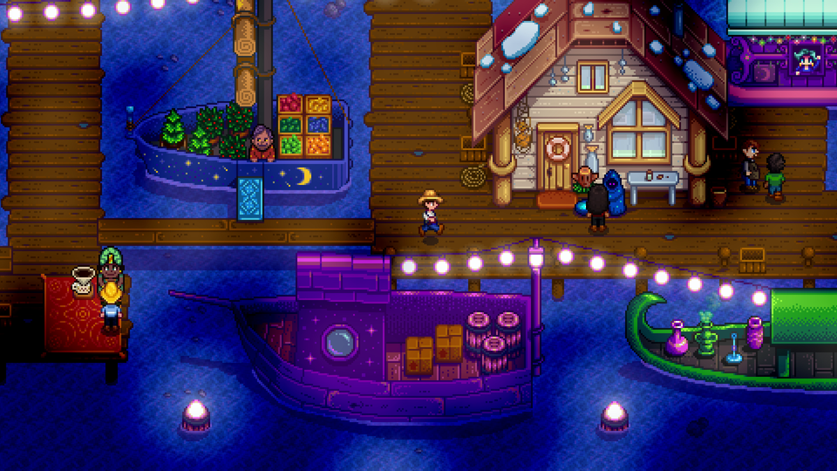 Stardew Valley Screenshot Showing Boats at a Dock with a Main Building at Night