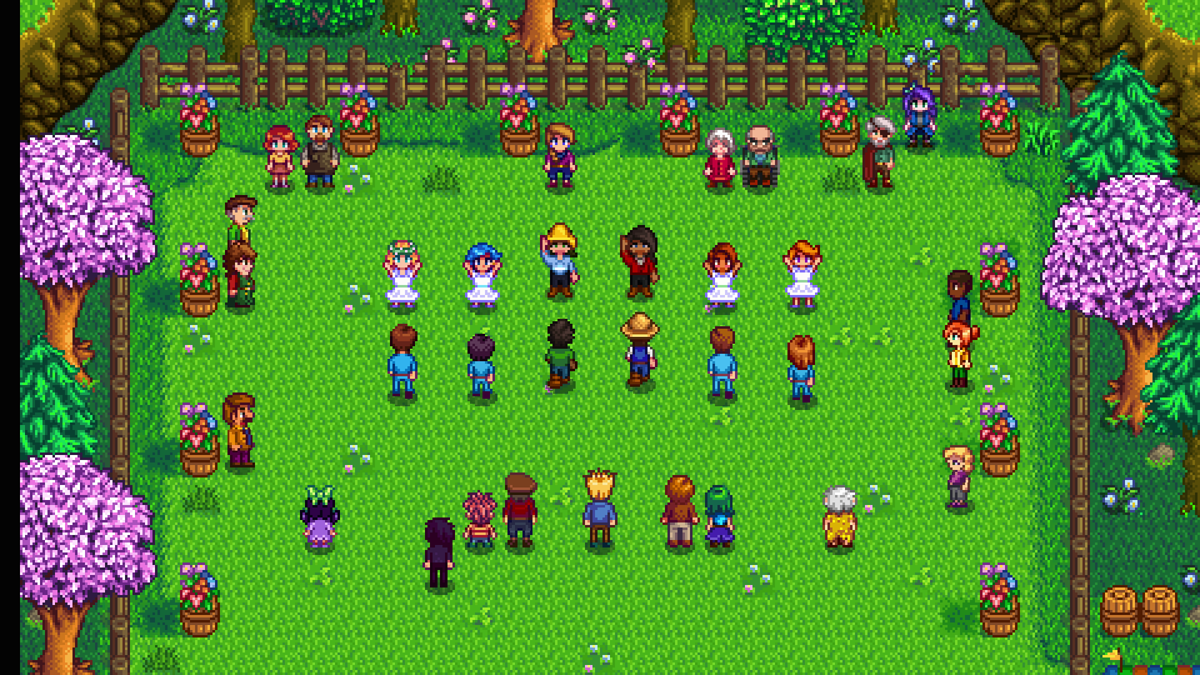 Stardew Valley Screenshot Showing Characters having a meetup in a fenced-in field