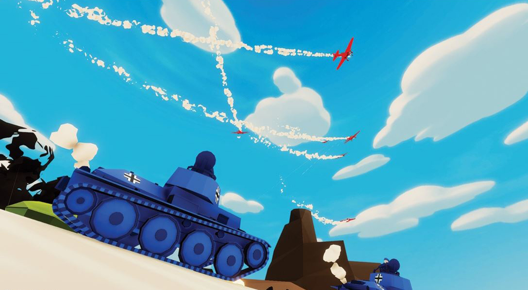 Red planes are flying in the sky and blue tanks are roaming on land.
