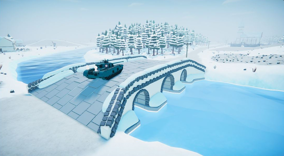 A tank is crossing a bridge covered by snow